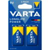 BATTERI VARTA LONGLIFE POWER 9 VOLT. 2 STK PR PAKKE I BLISTERPAKKE.